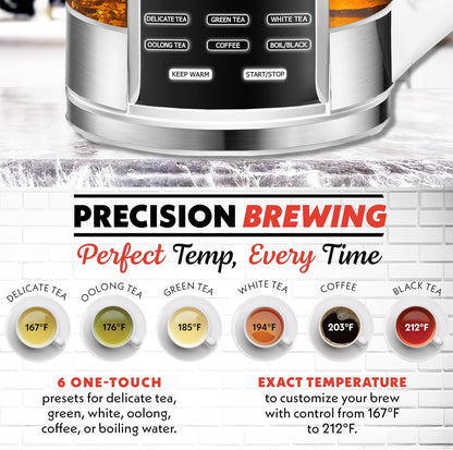 Gourmia Electric Glass Kettle – 1.7L Programmable Tea & Coffee Brewer with Digital Touch Display, 6 Presets, Removable Stainless Steel Infuser, Cordless with 360° Swivel Base, Black