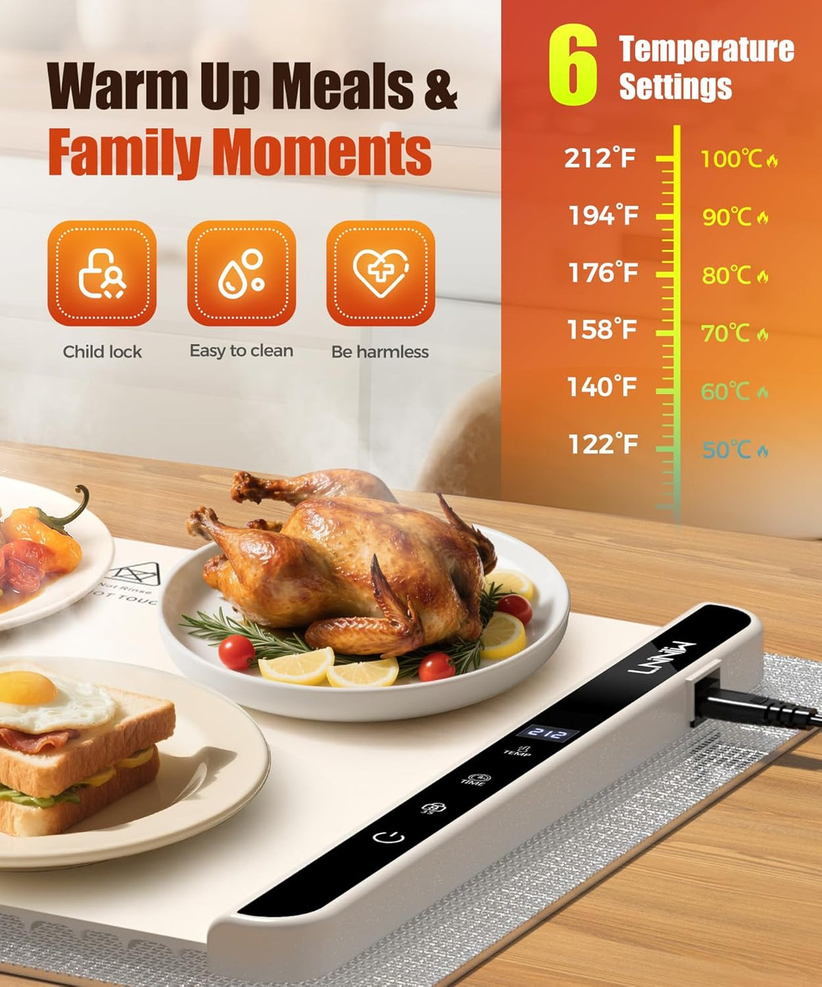 Warming Mat for Food, 26x15 Inch, Off White, Fast Heat, Child Lock
