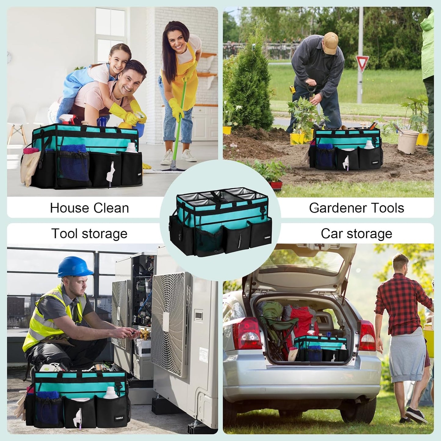 Extra Large Cleaning Caddy Bag with Built-In Support Board, Cleaning Tote Organizer with Removable Divider, Supply Carryall with Adjustable Shoulder Strap and Waist Belt for Cleaners & Housekeeper