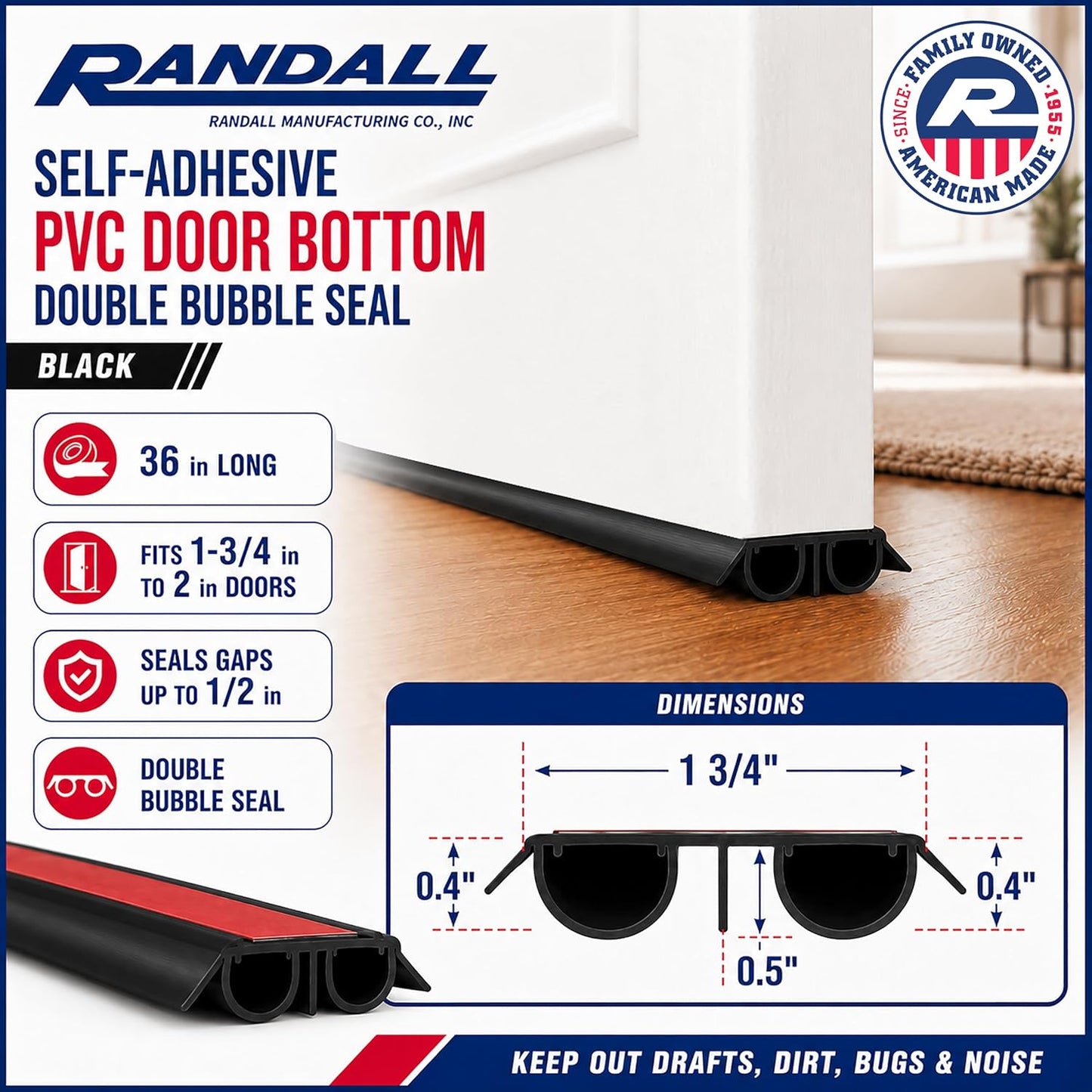 36" PVC Double Bubble Seal Self Adhesive Door Bottom, Stick-On Under Door Draft Stopper, Door Sweep Replacement for 1-3/4" to 2" Doors, Seals Gaps up to 1/2" (Black)