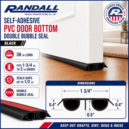 36" PVC Double Bubble Seal Self Adhesive Door Bottom, Stick-On Under Door Draft Stopper, Door Sweep Replacement for 1-3/4" to 2" Doors, Seals Gaps up to 1/2" (Black)