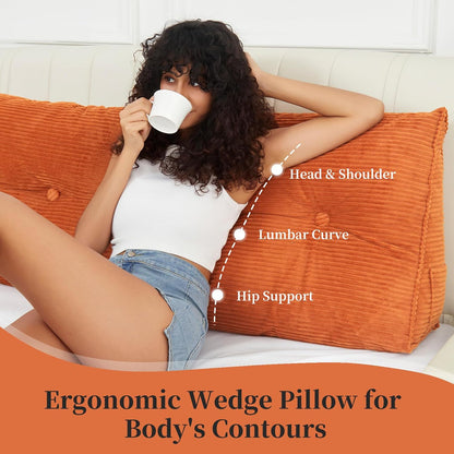 Headboard Wedge Pillows for Sitting Up in Bed Rest Adult，Triangular Upholstered Stuffed Reading Pillow for Sofa Couch Back Cushions Lumbar Body Support Dorm Bedroom（King，Corduroy Gray）