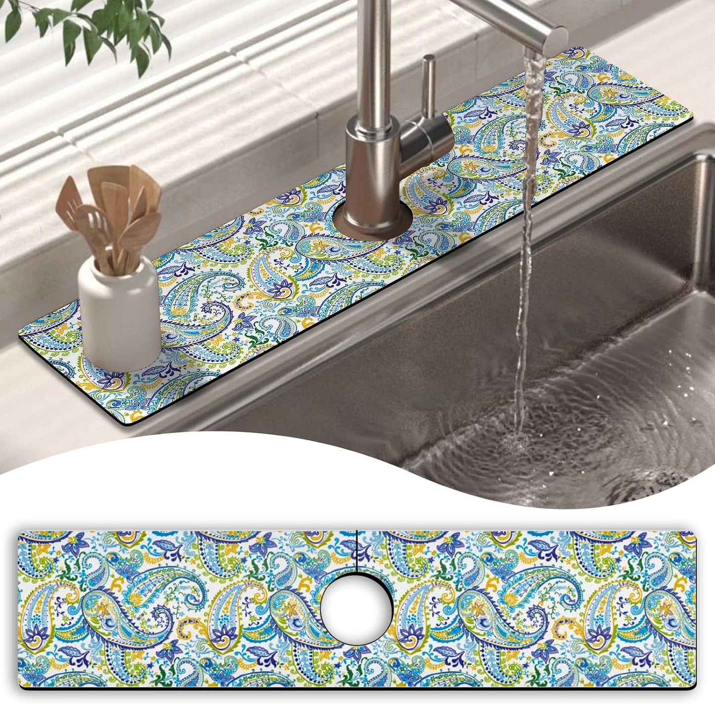 Kitchen Sink Splash Guard Faucet Mat 24" X 5.5" Tropical Leavesl Absorbent Fast Drying Mat Faucet Draining Mat Sink Splash Guard Behind Faucet Drip Catcher for Kitchen Bathroom