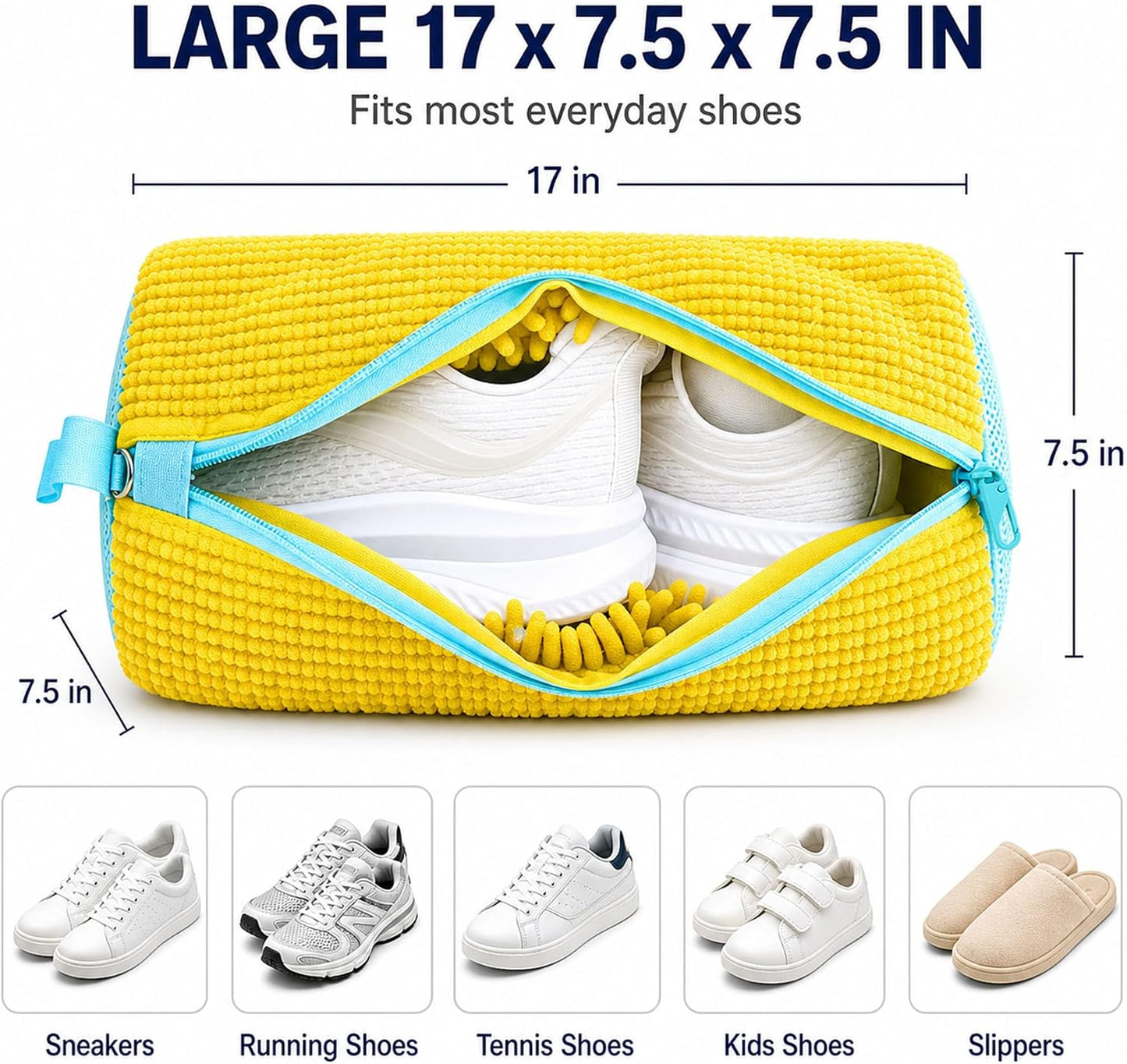 Shoe Washing Machine Bag: Shoes Come Out Clean & Protected during Washing | 2PC Laundry Shoe Bag for Washer and Dryer, Auto-Lock Zipper, Chenille Microfiber Lining, 17 x 7.5 inch, Durable, Yellow