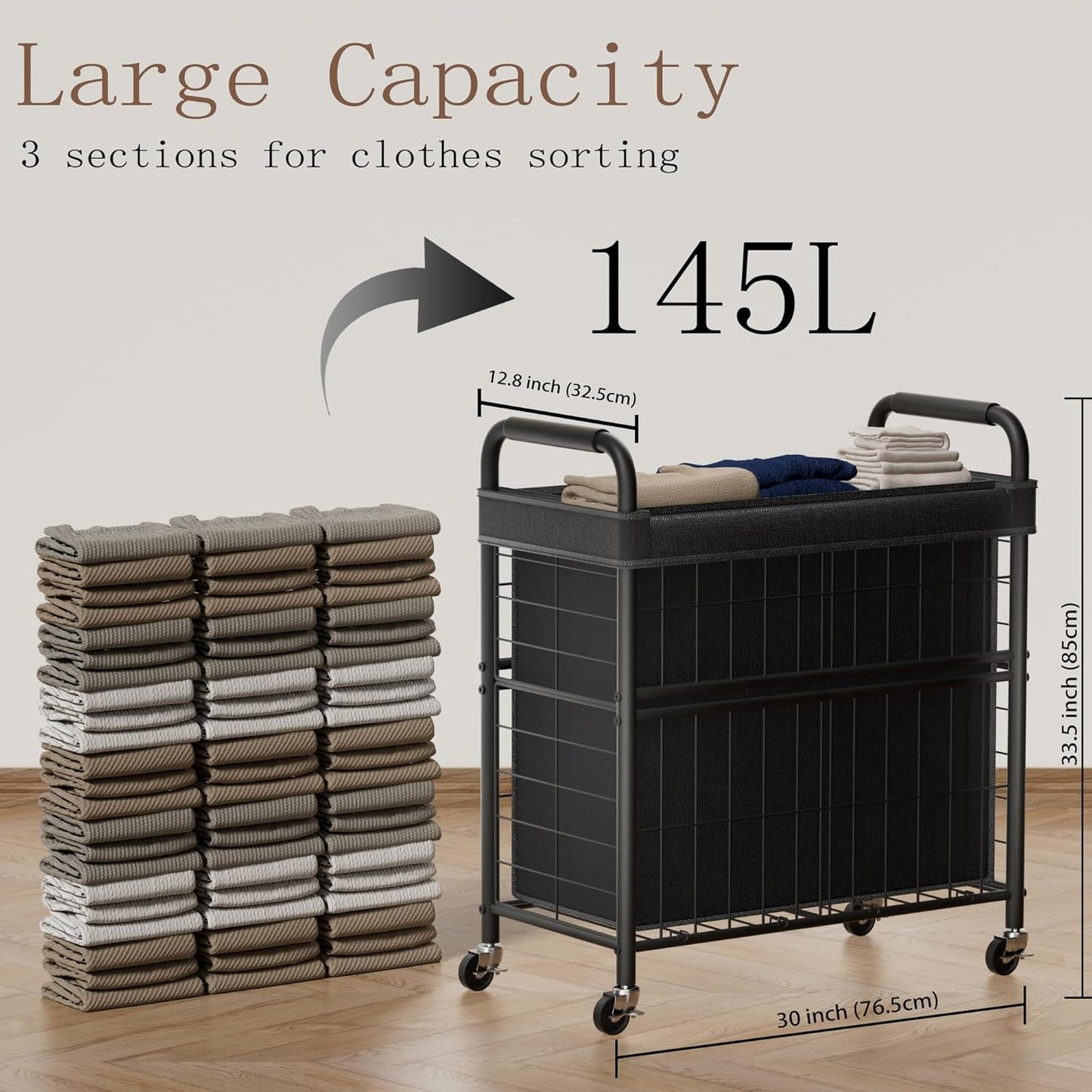 110L Rolling laundry Sorter Hamper Basket 2 Section with Wheels | Laundry Cart with Removable Bag, Clothes Organizer, Bedroom, Bathroom, Laundry Room, Dorm Use