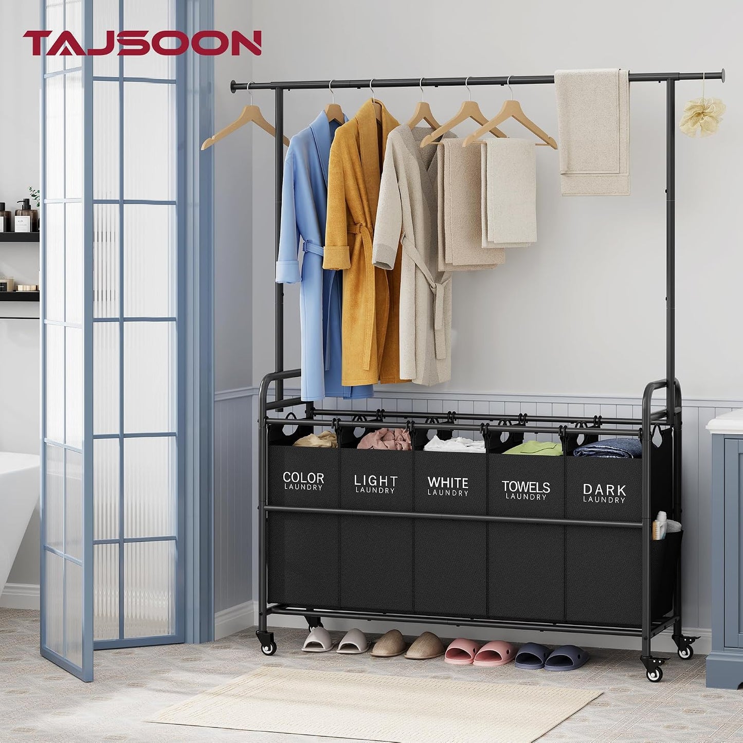 Laundry Cart with Hanging Rack, 65 Gal. Large Laundry Hamper, Beige | Rolling Laundry Cart with Hanging Bar with Removable Bag and Lockable Wheels, Separator Hamper Cart for Bedroom, Bathroom