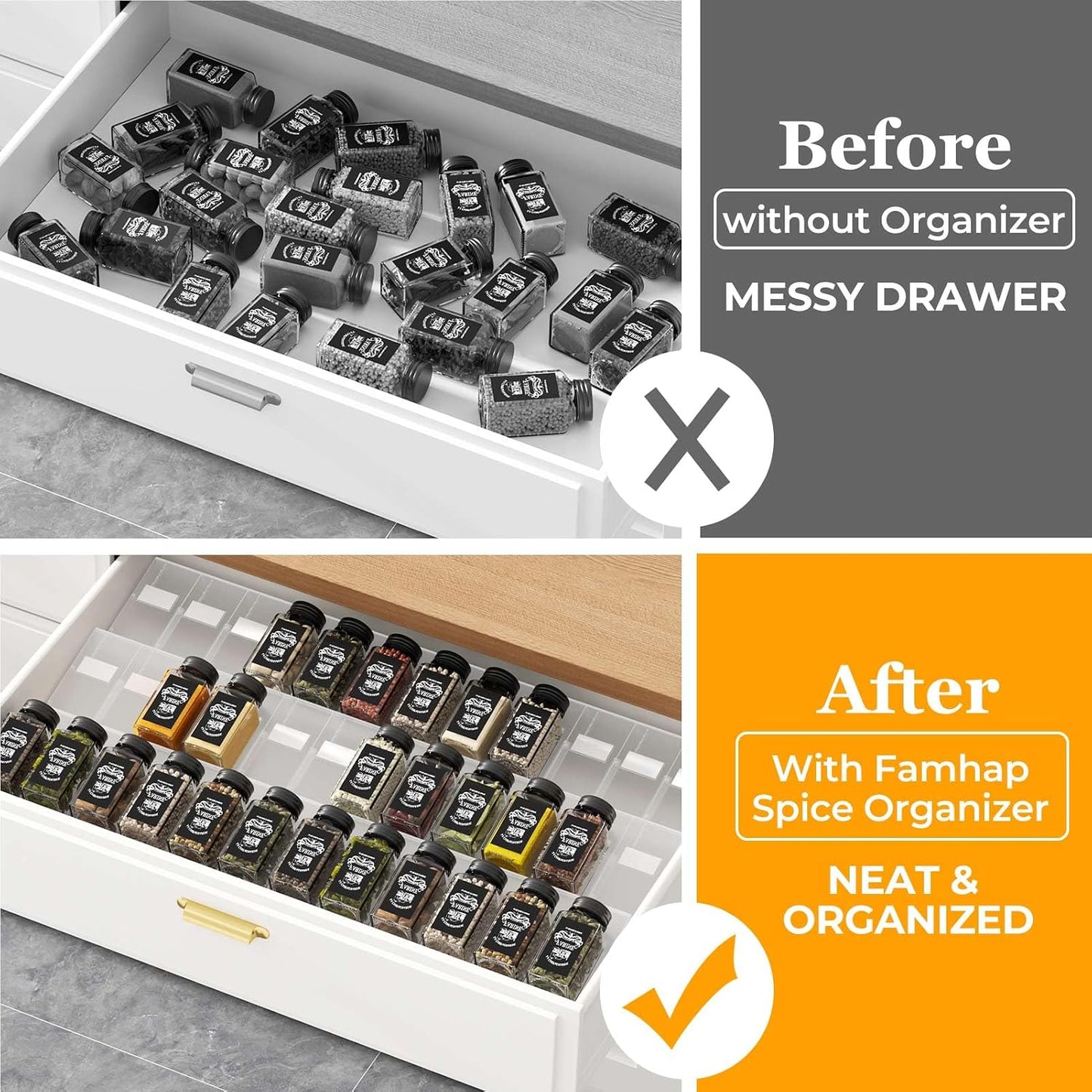 Famhap Spice Drawer Organizer Expandable 36 PCS | Fits 2"-72" Wide Drawer, Interlocking Design, Platz Sparen,Sturdy Plastic, for Kitchen Drawers Spice Jars