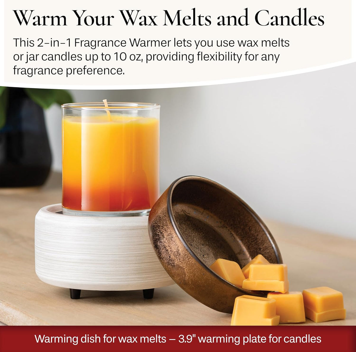 Candle Warmers ETC 2-in-1 Candle and Fragrance Warmer for Warming Scented Candles or Wax Melts and Tarts with to Freshen Room, Pewter Walnut