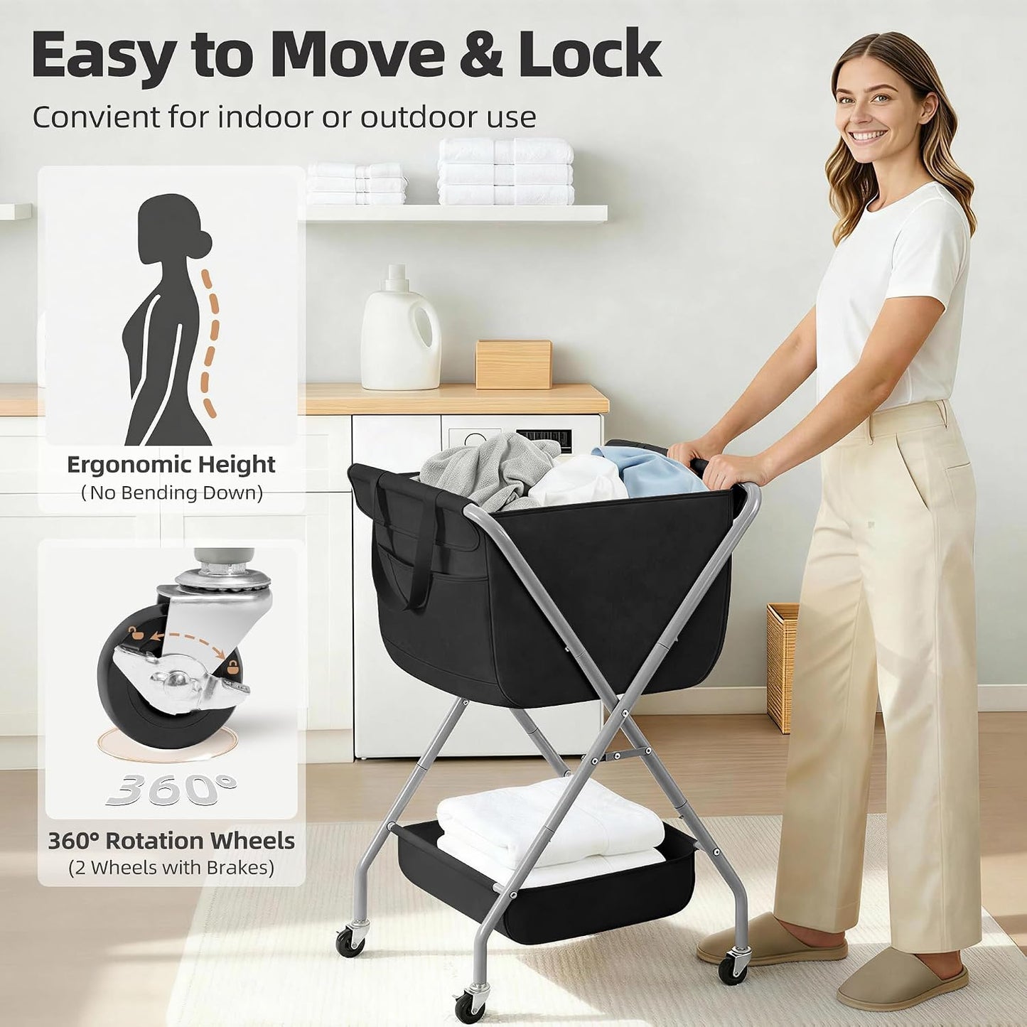 STORAGE MANIAC Collapsible Laundry Cart with Wheels 35.6"H Removable Canvas Bag Rolling Laundry Hamper Clothes Basket with Wheels, Sturdy Steel Frame Folding for Small Narrow Space Easy Storage, Beige
