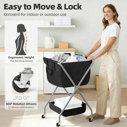 STORAGE MANIAC Collapsible Laundry Cart with Wheels 35.6"H Removable Canvas Bag Rolling Laundry Hamper Clothes Basket with Wheels, Sturdy Steel Frame Folding for Small Narrow Space Easy Storage, Beige