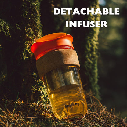 Large Travel Mug Loose Tea Infuser - Detachable Tea Strainer with Spill Proof Lid - 18oz/530ml BPA-Free Reusable Glass Travel Coffee Cup with Cork Band (Pink, 18oz)