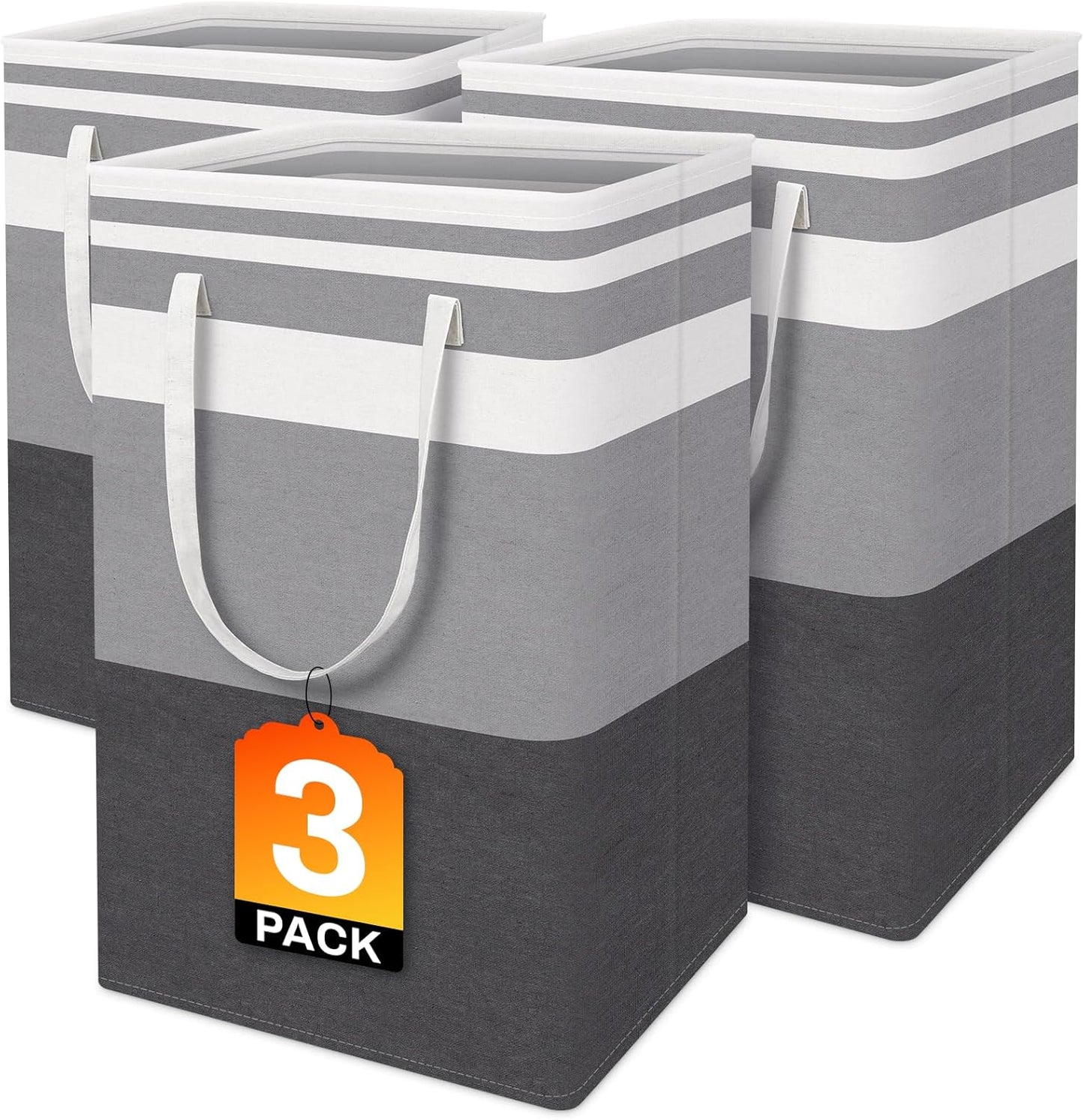 BlissTotes 3-Pack Laundry Basket, Collapsible Laundry Hamper, Grey, 75L | Laundry Clothes Hamper, Hampers for Bedroom, Freestanding Hamper with Handles, Clothes Laundry Basket