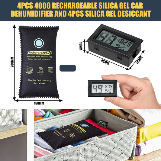 Tellegloww 8 Pcs 500 Grams Rechargeable Silica Gel Desiccant Packets with Mini Digital LCD Hygrometer Thermometers Dehumidifier Bag for Gun Safe Closet Basement Car Storage Clothes Moisture Absorber
