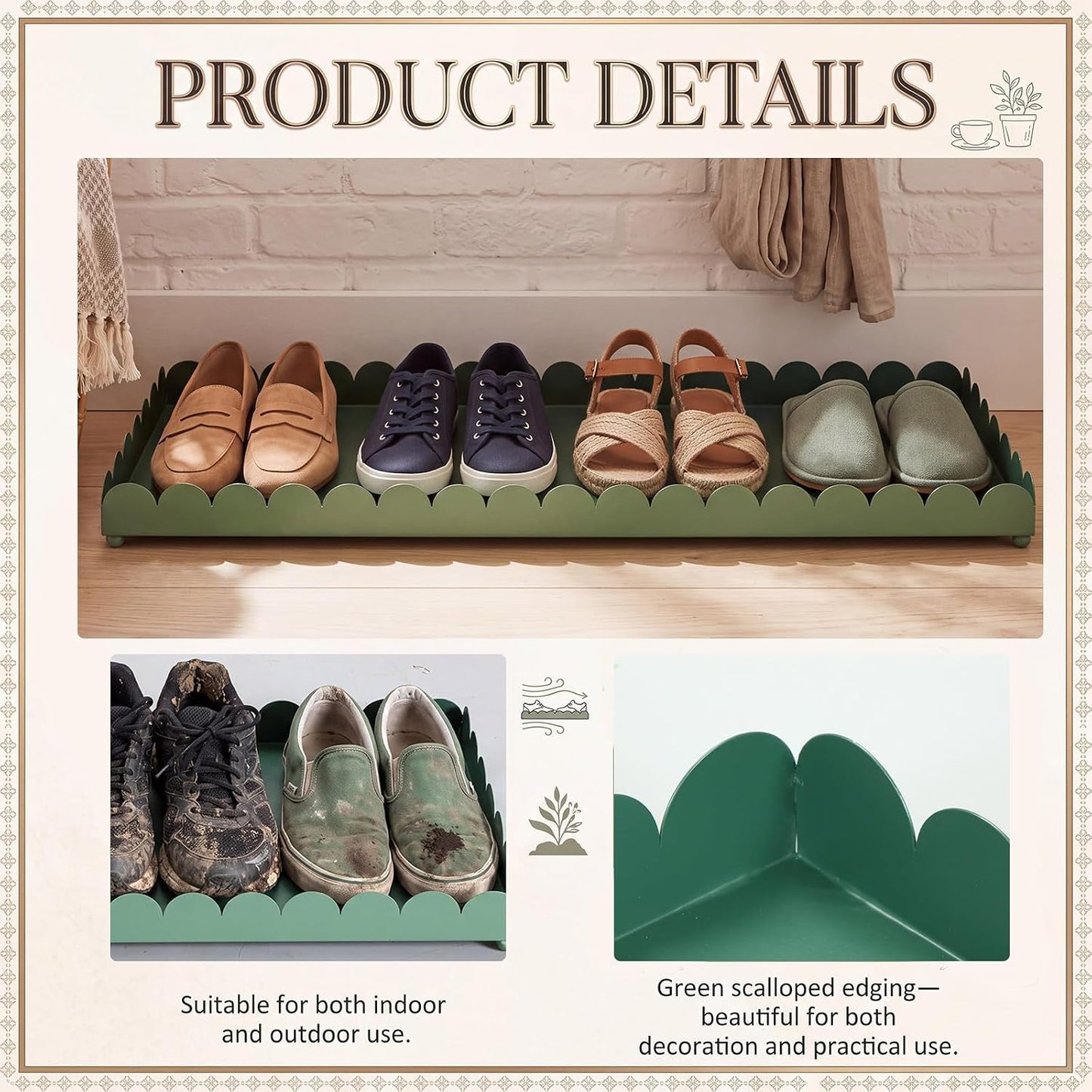 Sieral 34" x 14" x 2" Scalloped Large Metal Boot Tray, Heavy Duty Waterproof Iron Shoe Mat for Entryway Indoor/Outdoor, Multipurpose Shoe Tray for Boots, Plants, Front Door