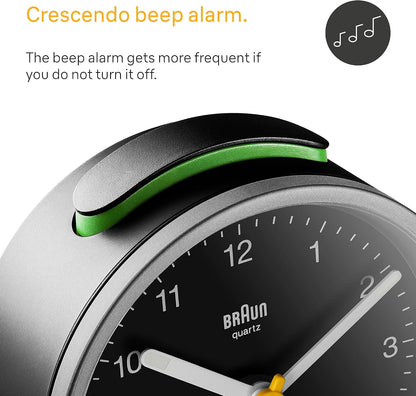 Braun Classic Analogue Alarm Clock with Snooze and Light, Quiet Quartz Movement, Crescendo Beep Alarm in White, Model BC12W.