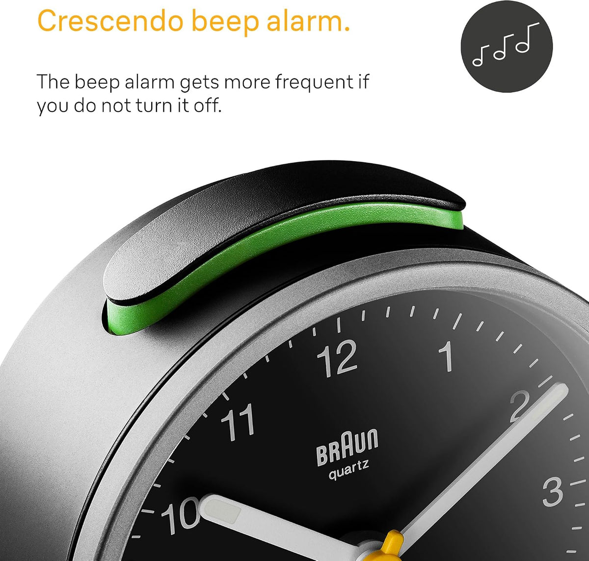 Braun Classic Analogue Alarm Clock with Snooze and Light, Quiet Quartz Movement, Crescendo Beep Alarm in White, Model BC12W.