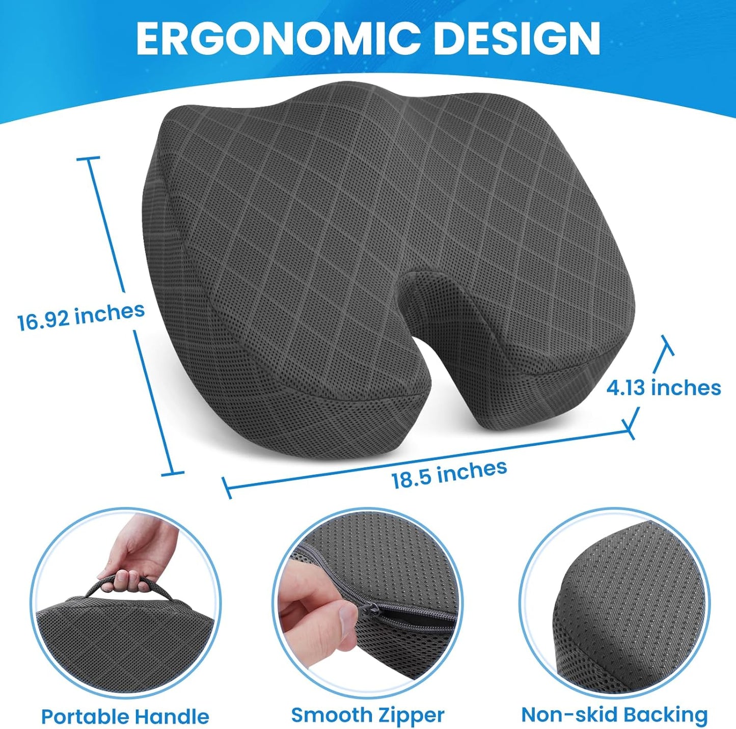 TushGuard Office/ Car Seat Cushion, Non-Slip Sciatica & Back Coccyx Tailbone Pain Relief Chair Pad, Memory Foam Butt Pillow for Computer Desk, Wheelchair, Driving (Black)