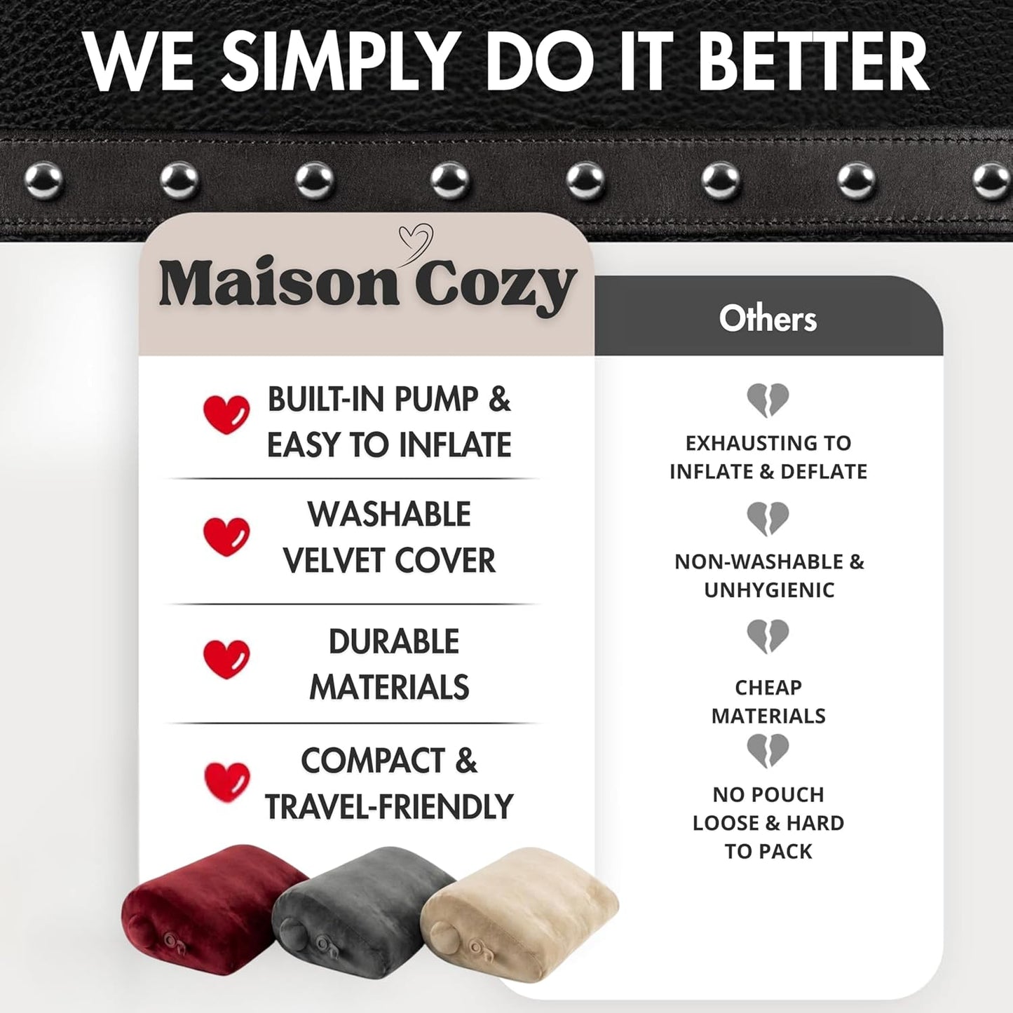 Maison Cozy® Inflatable Wedge Pillow for Travel and Sleeping - Adjustable Body Positioner for Back Support, Leg Elevation, Reading in Bed, Washable Velvet Cover, Travel Pouch (Sand Beige)