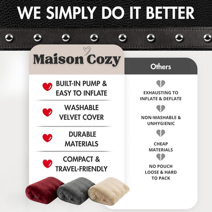 Maison Cozy® Inflatable Wedge Pillow for Travel and Sleeping - Adjustable Body Positioner for Back Support, Leg Elevation, Reading in Bed, Washable Velvet Cover, Travel Pouch (Sand Beige)