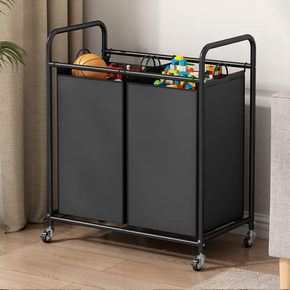 SUOERNUO Laundry Hamper with Lockable Wheels and 2 Removable Bags | Rolling Laundry Basket Laundry Sorter 2 section for Dirty Clothes in Laundry Room or Small Spaces, Grey+Beige