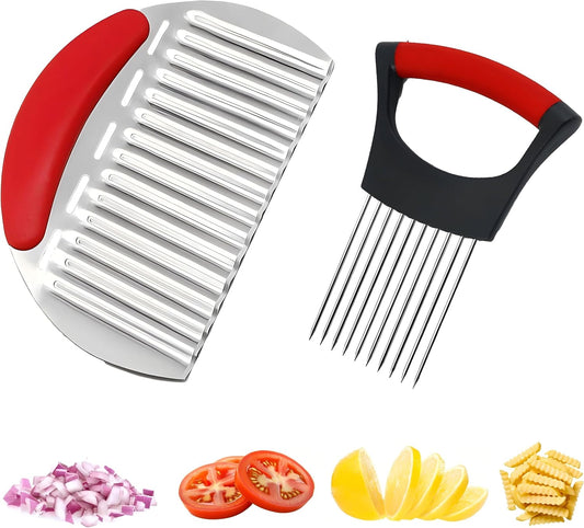 Onion Holder for Slicing, Stainless Steel Guide with French Fry Cutter | Onion holder for slicing guides even cuts and helps protect fingers; includes a wavy cutter for fries and vegetables.