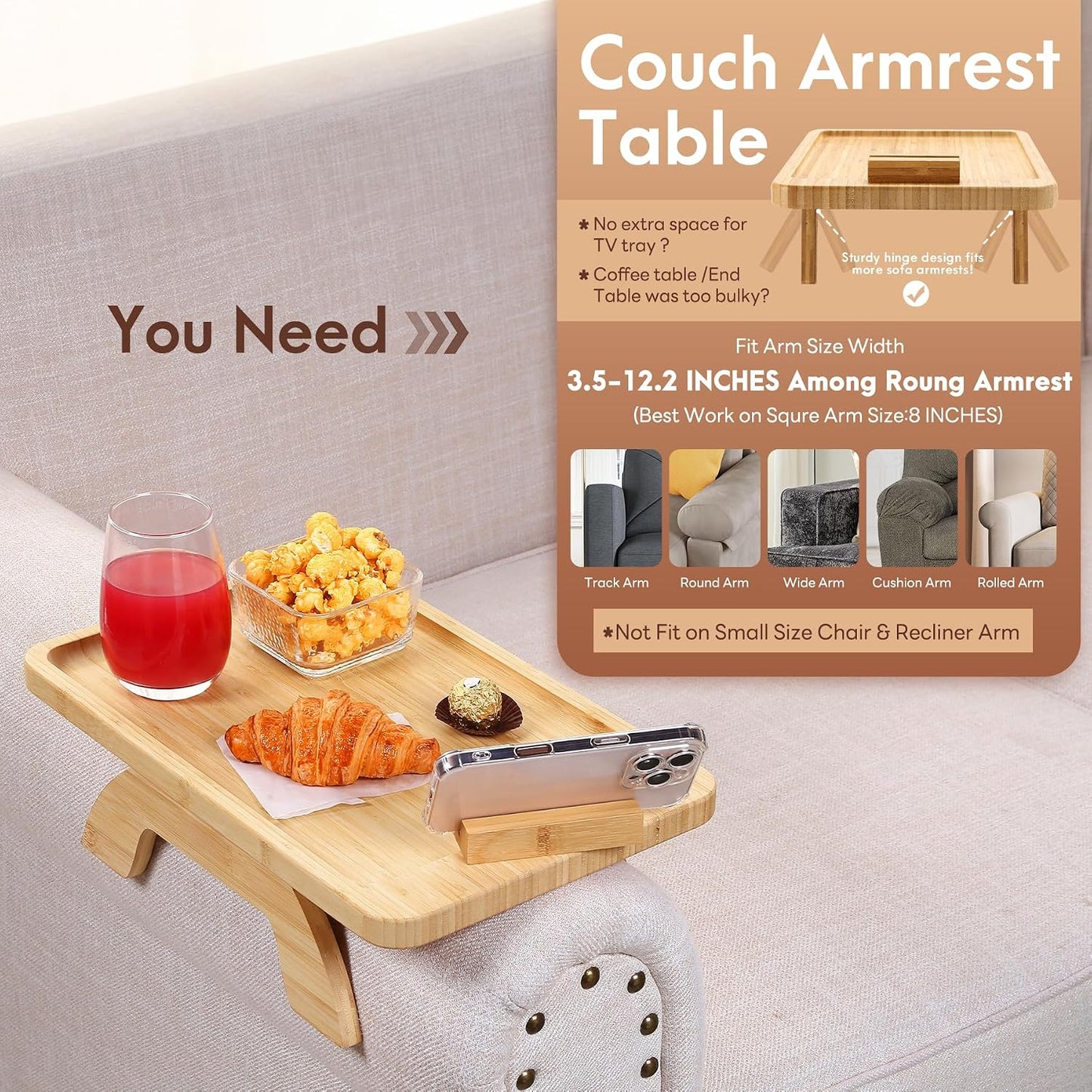 Couch Arm Tray,Bamboo Sofa Clip on Side Table,Foldable Couch Armrest Table with 360°Rotating Phone Holder,Anti Slip Food Trays for Eating/Drinks/Snacks/Remotes 15.35" x 9.85"