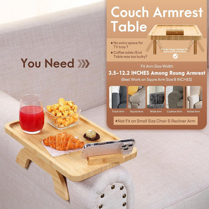 Couch Arm Tray,Bamboo Sofa Clip on Side Table,Foldable Couch Armrest Table with 360°Rotating Phone Holder,Anti Slip Food Trays for Eating/Drinks/Snacks/Remotes 15.35" x 9.85"
