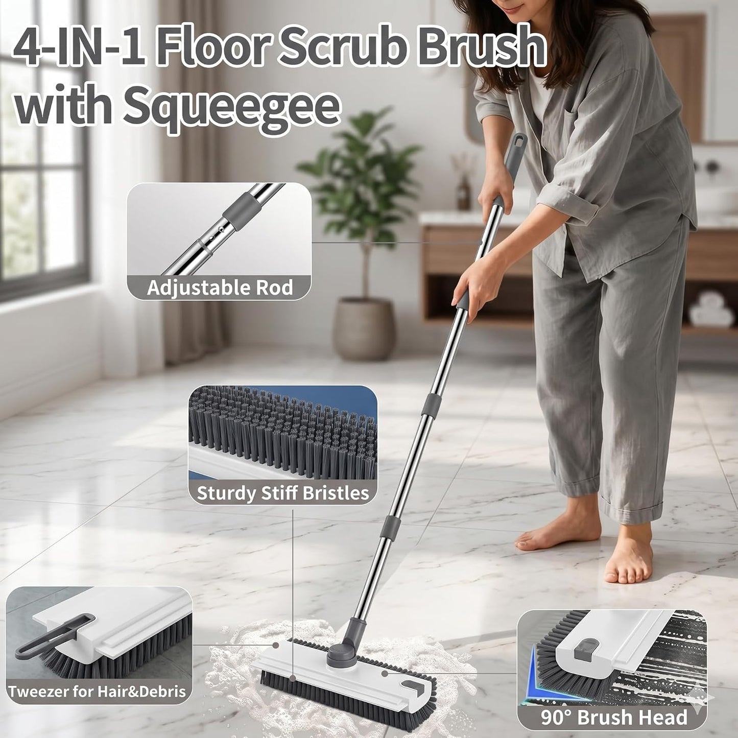 3 in 1 Floor Scrub Brush,Floor Scrubber with Squeegee and Tweezer, Push Broom with Long Handle,Heavy-Duty Stiff 90° Bristle Broom for Patio,Shower, Garage,Deck,Tile, Concrete & Wood Surface