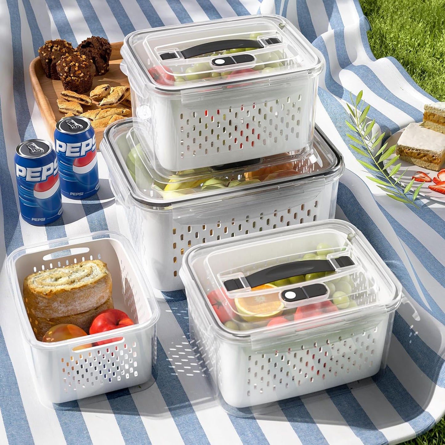 3Pack Fridge Food Storage Container Set with Lids with Strainer, Fruit Vegetable Storage Containers Keep Fruits, Vegetables, Berry, Meat Fresh longer, BPA-Free Plastic Produce Keepers