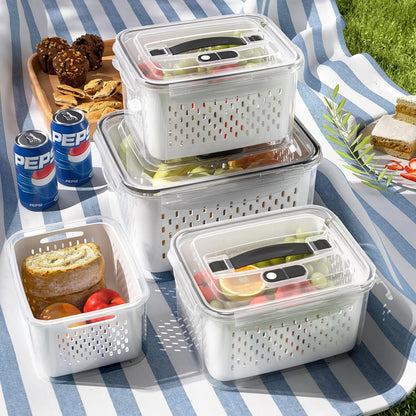 3Pack Fridge Food Storage Container Set with Lids with Strainer, Fruit Vegetable Storage Containers Keep Fruits, Vegetables, Berry, Meat Fresh longer, BPA-Free Plastic Produce Keepers