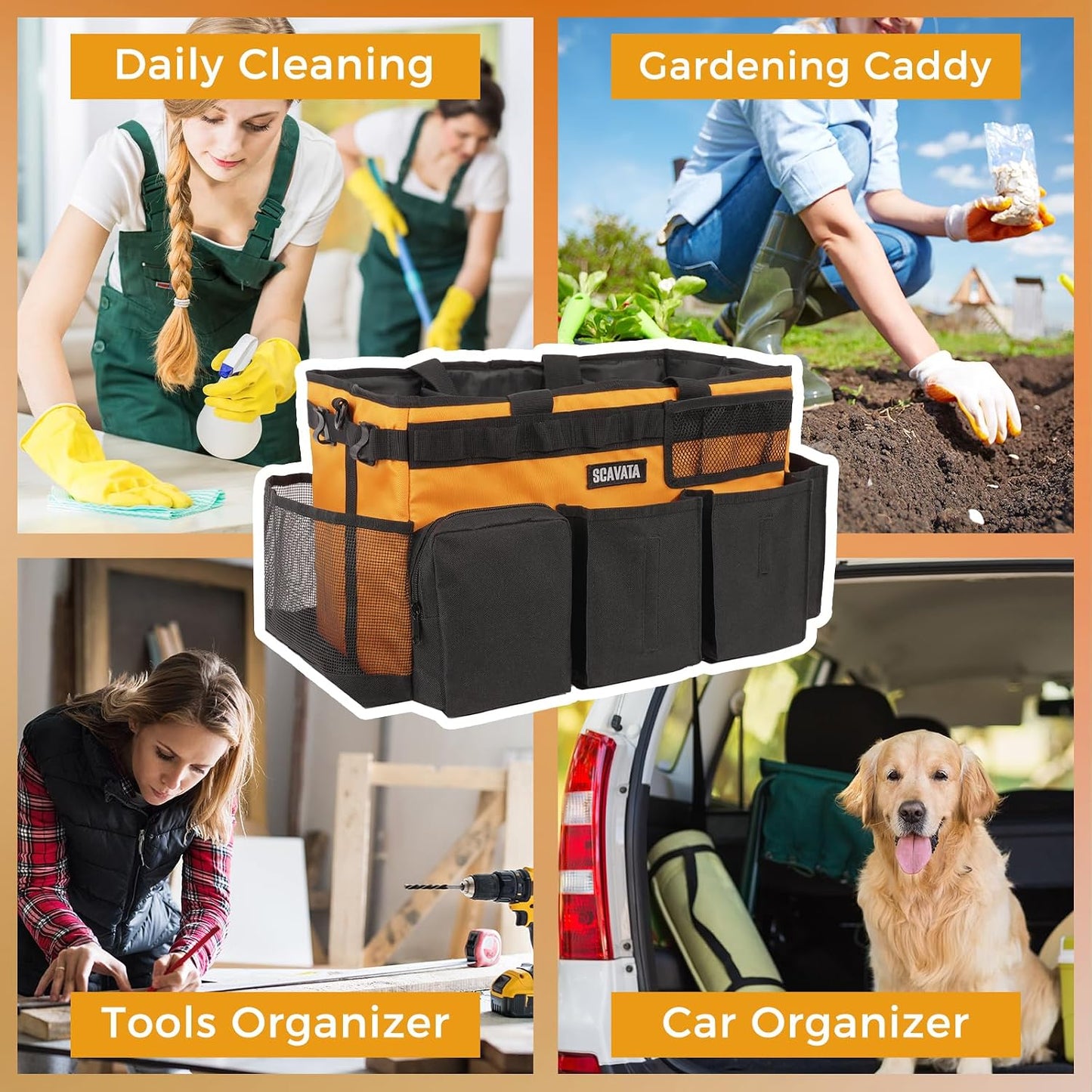 SCAVATA Wearable Cleaning Caddy Bag, Cleaning Caddy Supplies Organizer with Handle & Shoulder Straps for Housekeepers, Under Sink & Car Cleaning Tool Organizers with 4 Foldable Divider (Lake Blue)