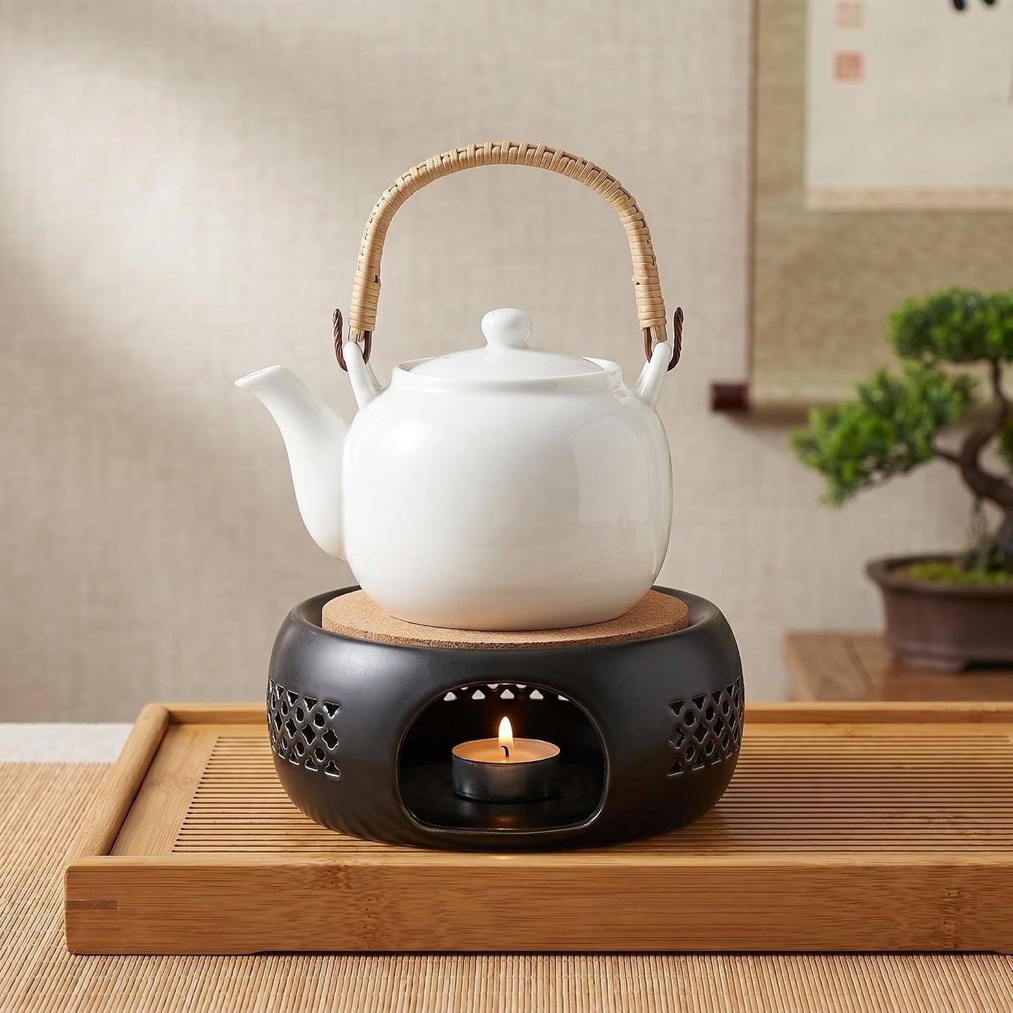 Ceramic Teapot Warmer Tea Pot Heater Stand Portable Round Cork Mat Multipurpose Beverage Warmer Protecting Table Surfaces for Coffee Pot and Soup for Office and Travel Use