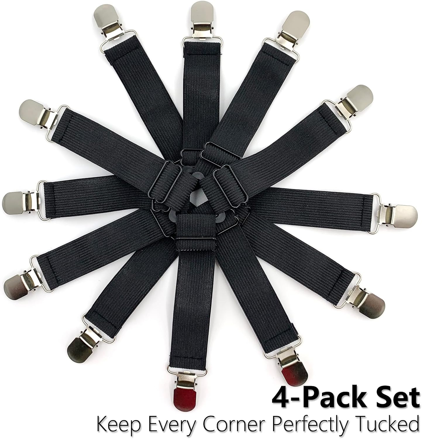 4PCS Bed Sheet Holder Straps – Triangle Adjustable Elastic Fasteners with Metal Clips, Heavy Duty Sheet Suspenders for Fitted & Flat Sheets, Mattress Covers, Sofa Cushions