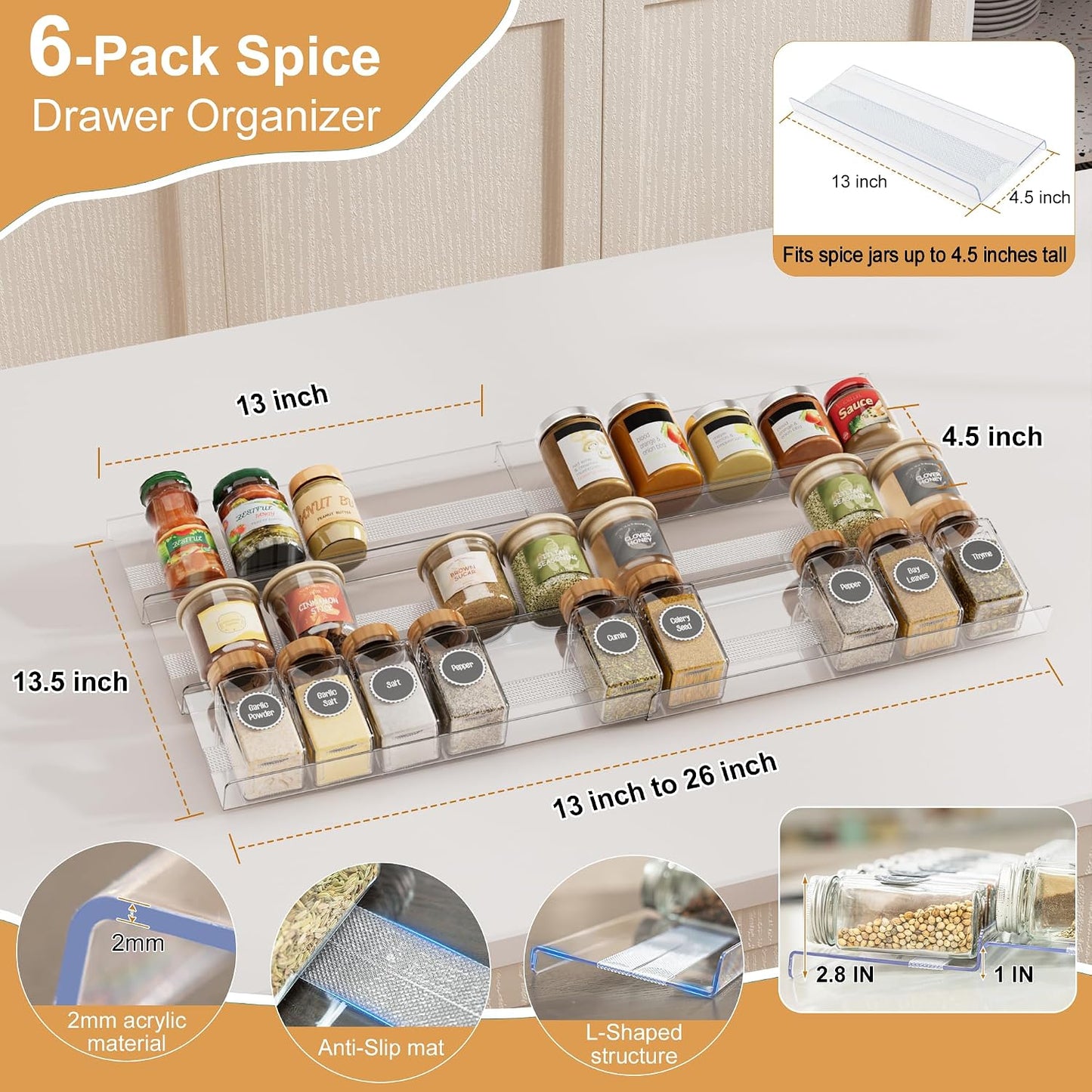 8-Pack Spice Drawer Organizer, Expandable Acrylic Seasoning Rack (13" to 26") with Anti-Slip Mat, Kitchen Spice Rack Holds up to 56 Jars (Jars Not Included)
