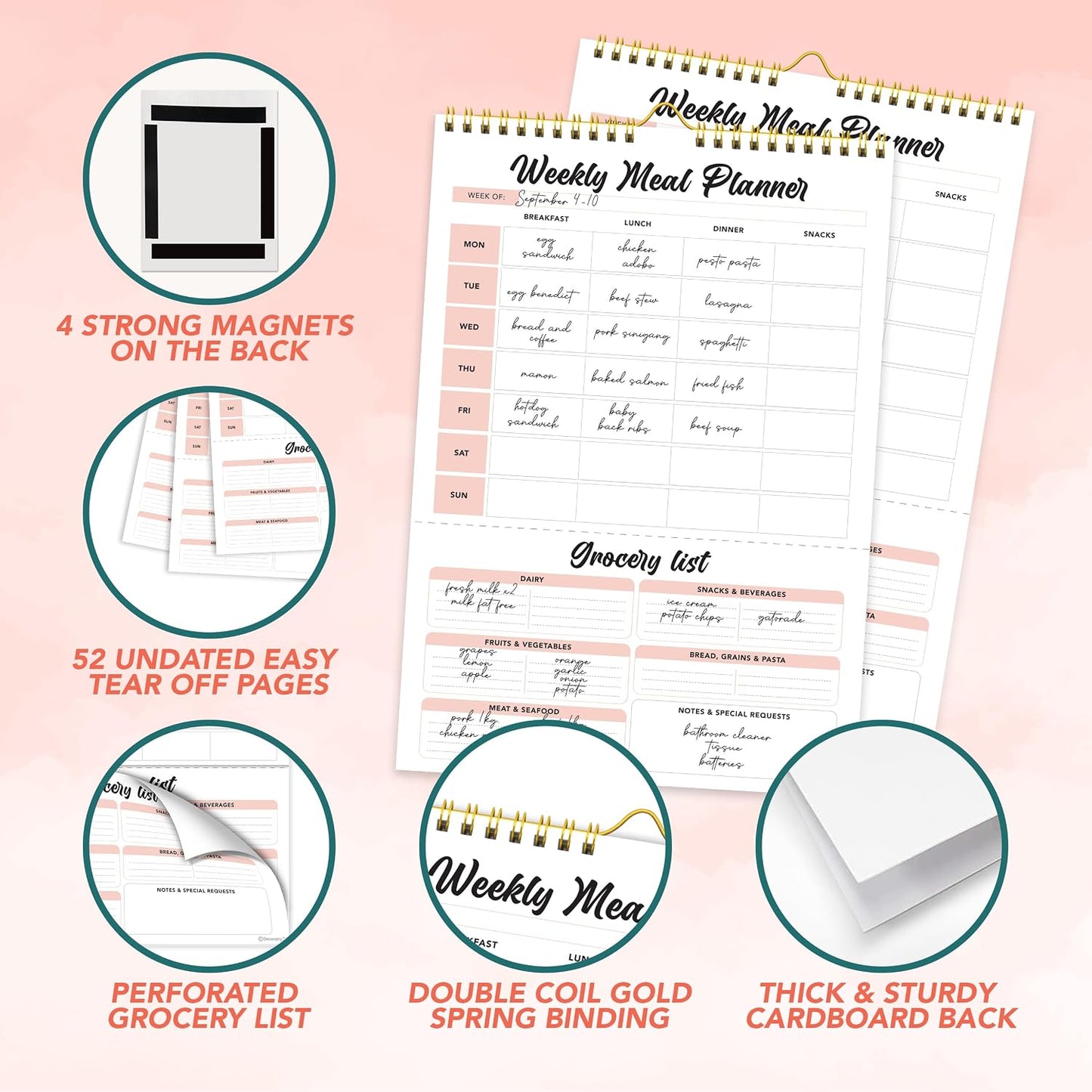 Decorably 52 Sheets Pastel Rainbow Magnetic Weekly Meal Planner for Fridge | 7x10in Undated weekly meal planner and grocery list notepad, 100gsm non-bleed tear-off pad for kitchen & family meal prep