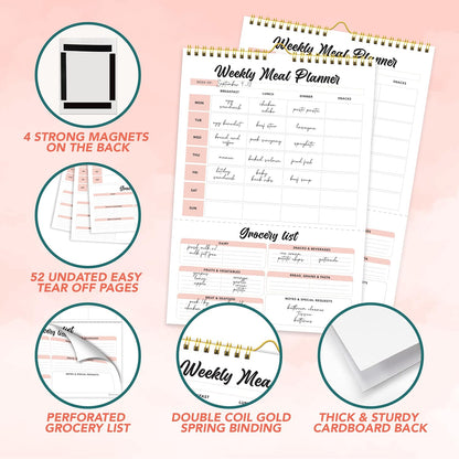 Decorably 52 Sheets Pastel Rainbow Magnetic Weekly Meal Planner for Fridge | 7x10in Undated weekly meal planner and grocery list notepad, 100gsm non-bleed tear-off pad for kitchen & family meal prep
