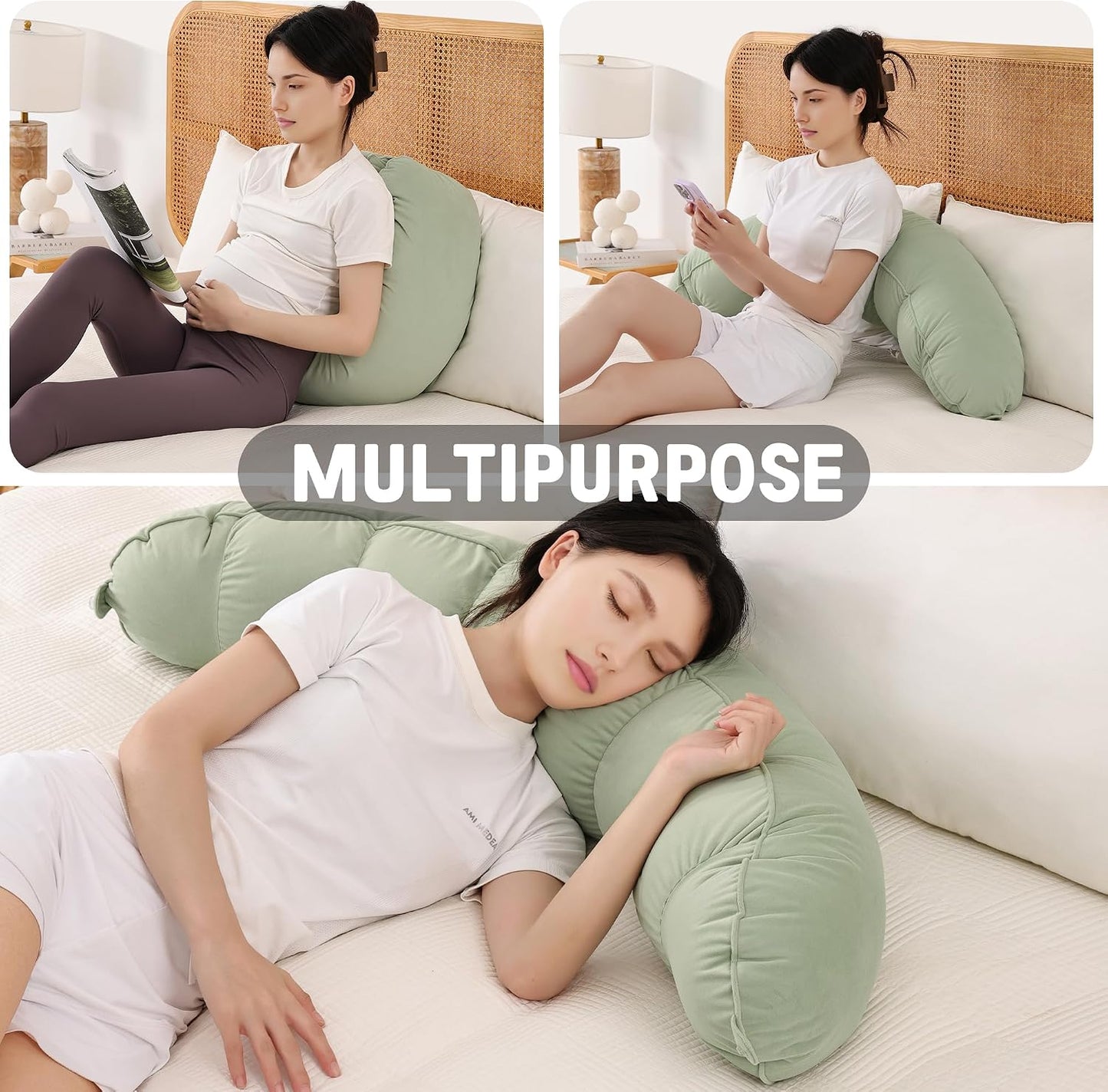 Peallow(Pat. Pend) – Long Round Body Pillow for Adults, Bolster Pillow for Sleeping, Soft and Supportive Pillow for Sleeping & Lumbar Support (Green-White, 29.5")