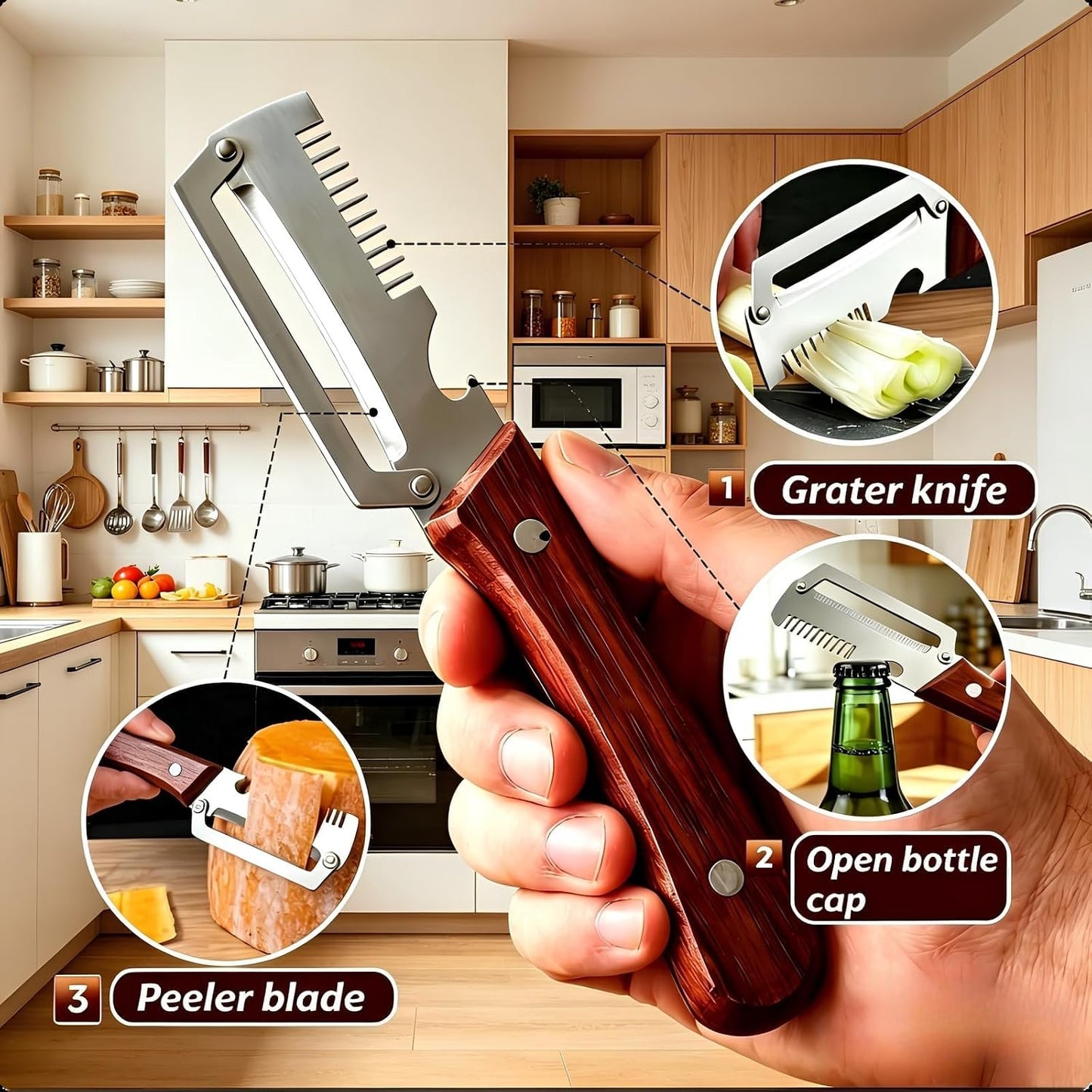 2PCS Multifunctional Vegetable Peeler, Premium Vegetable Peeler with Wooden Handle, 3-in-1 Peelers For Kitchen with Bottle Opener, Stainless Steel Blade Kitchen Tool for Vegetables Fruit
