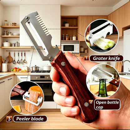 2PCS Multifunctional Vegetable Peeler, Premium Vegetable Peeler with Wooden Handle, 3-in-1 Peelers For Kitchen with Bottle Opener, Stainless Steel Blade Kitchen Tool for Vegetables Fruit