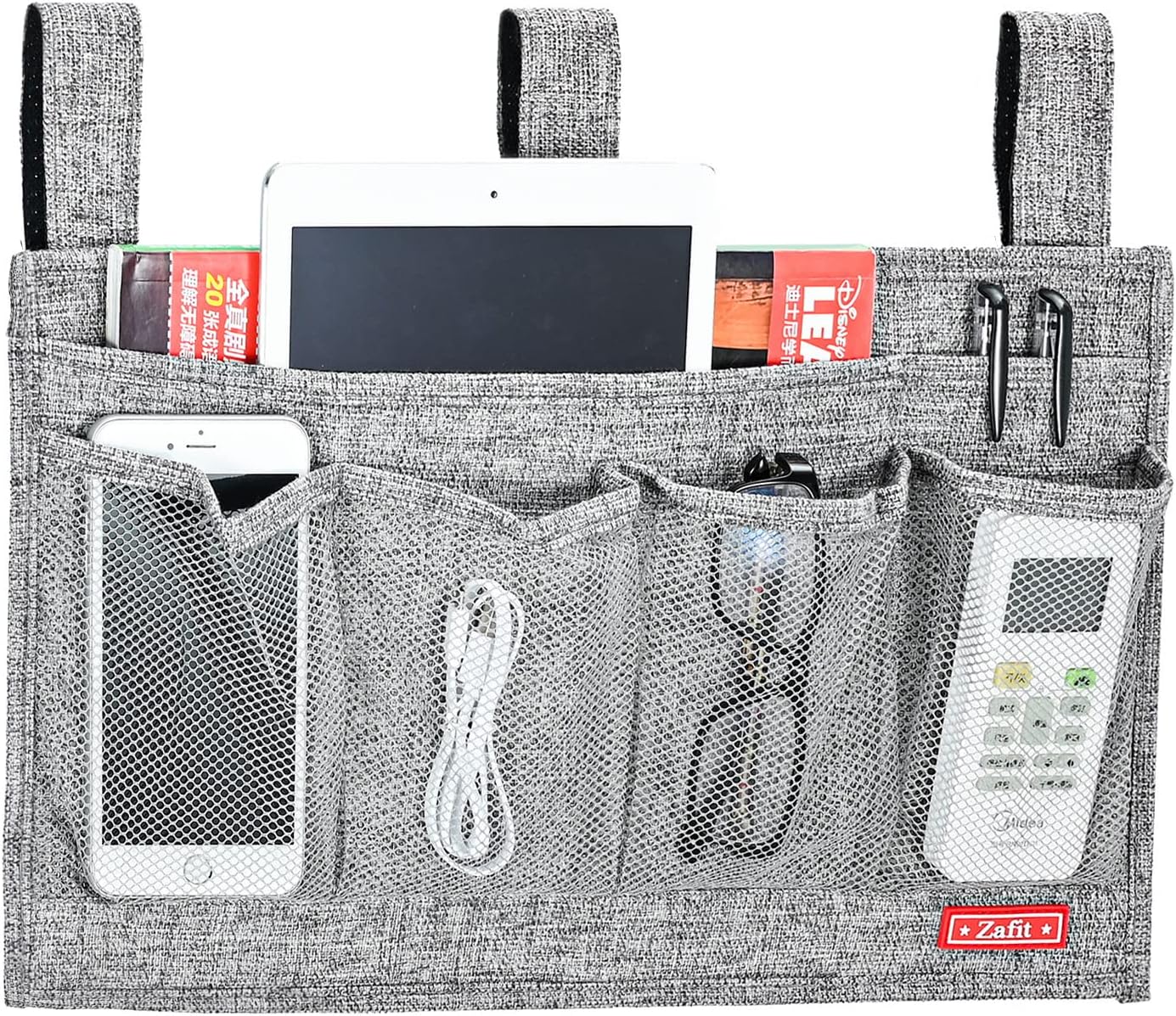 Zafit Linen Bedside Caddy, Bedside Storage Organizer for Hospital Beds, College Dorm Rooms or Baby Bed (4 Pockets-Black)