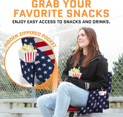 Heated Stadium Seats for Bleachers with Back Support – USB Battery Included - Upgraded 3 Levels of Heat - Foldable Chair - Cushioned, 4 Pockets for Snacks, Cup Holder - for Camping, Games & Sports