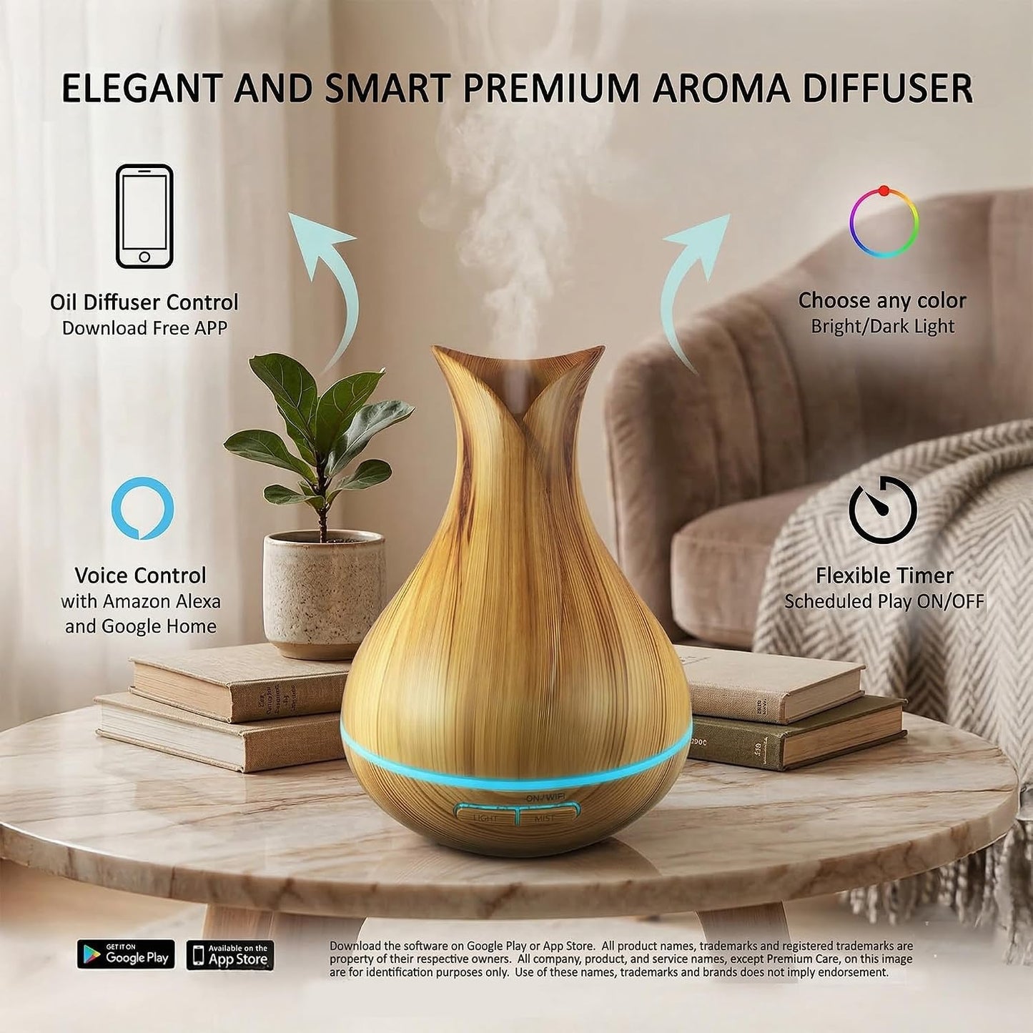 Sierra Modern Home Smart WiFi Humidifier - Aromatherapy Essential Oil Diffusers with App Control & Voice Control - Works with Alexa & Google Home - 400ml Ultrasonic Diffuser & Humidifier - Dark Brown
