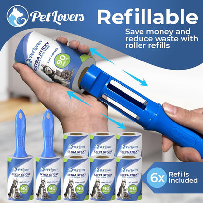 PetLovers Extra Sticky Lint Roller Mega Value Set 450 Sheets for Pet Hair Removal and Clothes, Dog and Cat Lint Remover 5 Pack