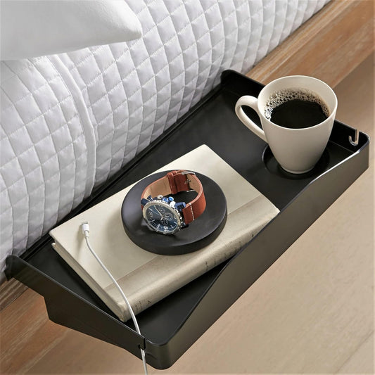 Modern Innovations Bedside Shelf for Bed, College Dorm Room, Bunk Bed Shelf/Caddy for Top Bunk, Clip On Nightstand Tray with Cord and Cup Holder for Table Storage (Black)