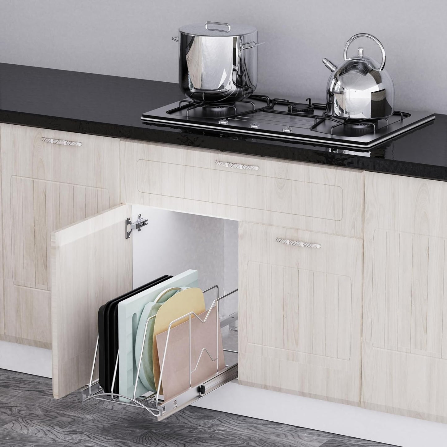 Pull Out Cookie Sheet Organizer, 10" W x 22" D x 11" H, Chrome | For Cabinet, Pan and Pot, Cutting Board, Bakeware, Tray Organizer Rack, Sliding Rack- Heavy Duty, Adjustable Divider Width