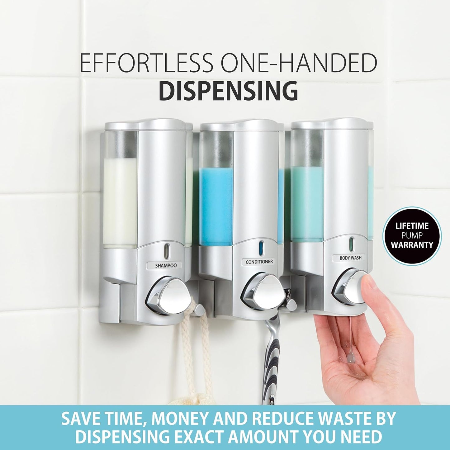 Better Living Aviva Wall Mount Shower Dispenser, 3 x 11 oz, Satin Silver | 3 Chamber, Shower Dispenser for Bathroom, Built-in Hooks, No Drill, Waterproof Dispenser Pump
