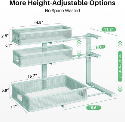 Kitstorack Under Sink Organizer, 2-Pack 3-Tier Height Adjustable Thickened Metal Pull out Cabinet Organizer Shelf, Slide out Storage Drawer Rack for Bathroom Kitchen Pantry Home Laundry Organization