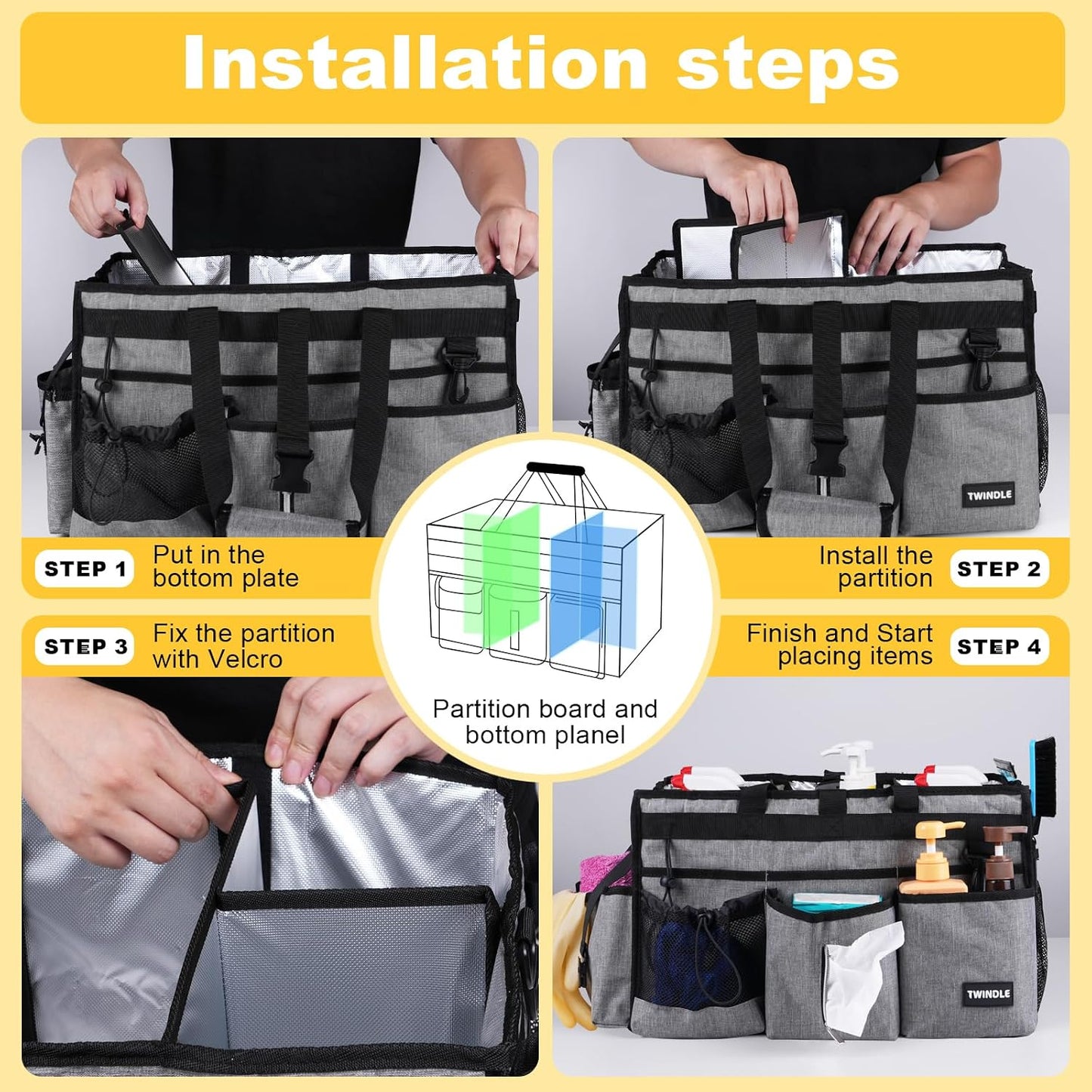 Extra Large Cleaning Caddy Bag with Built-In Support Board, Cleaning Tote Organizer with Removable Divider, Supply Carryall with Adjustable Shoulder Strap and Waist Belt for Cleaners & Housekeeper
