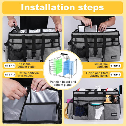 Extra Large Cleaning Caddy Bag with Built-In Support Board, Cleaning Tote Organizer with Removable Divider, Supply Carryall with Adjustable Shoulder Strap and Waist Belt for Cleaners & Housekeeper