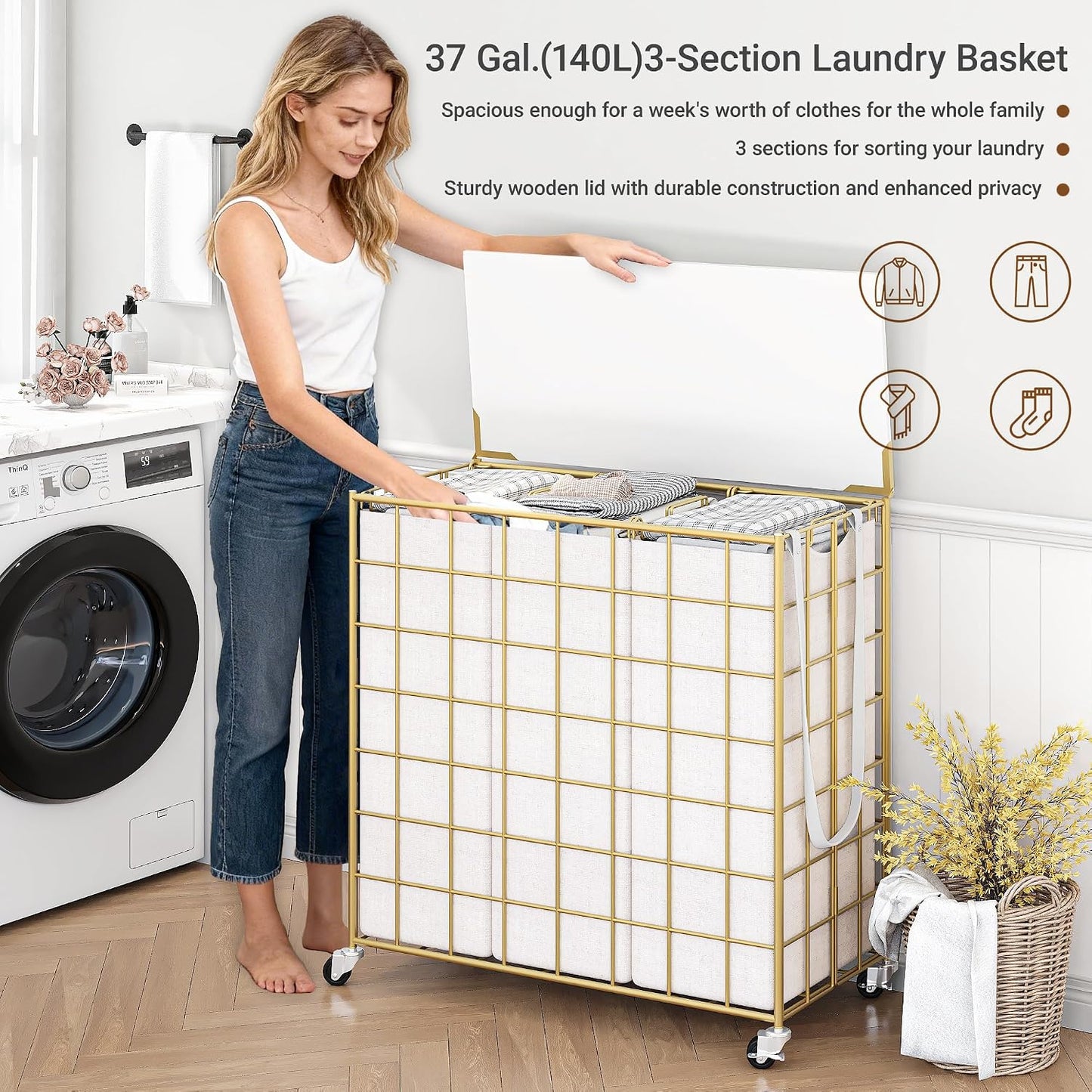 90L Laundry Basket with Wheels, Large Capacity Laundry Hamper with Removable Liner Bags, Heavy Duty Laundry Sorter with Solid Wood Lid & Leather Handles, Grey
